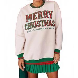 NEW BRIANNA CANNON merry christmas tartan plaid tunic sweatshirt in cream